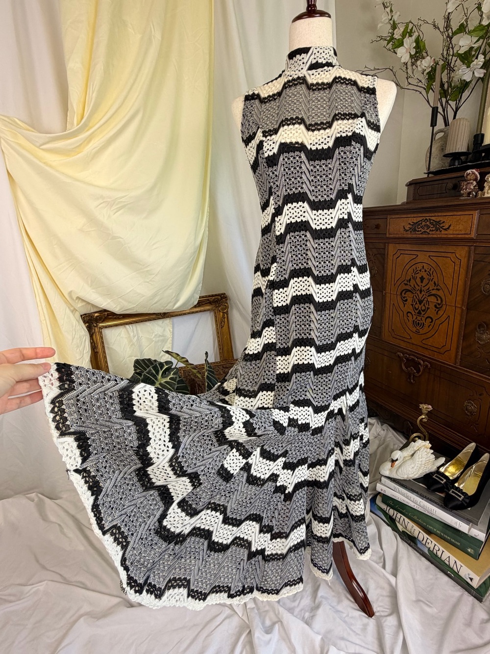 En Saison Genesis Crochet Chevron Knit Maxi Dress in Black, Gray & White